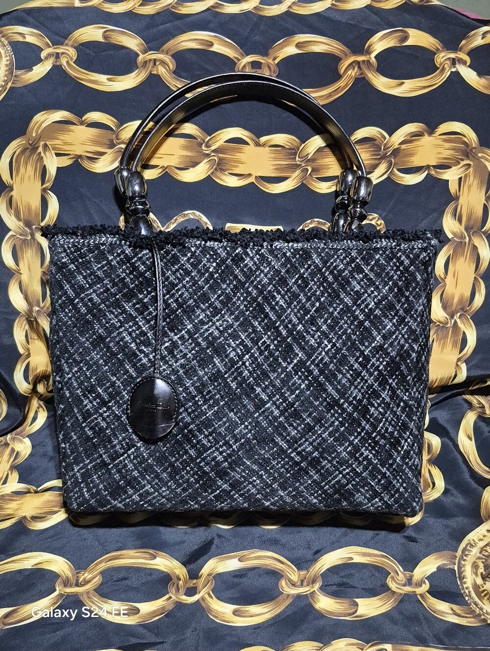 Authentic Vintage Dior Black Tweed Shoulder Bag with Glossy Black Handles